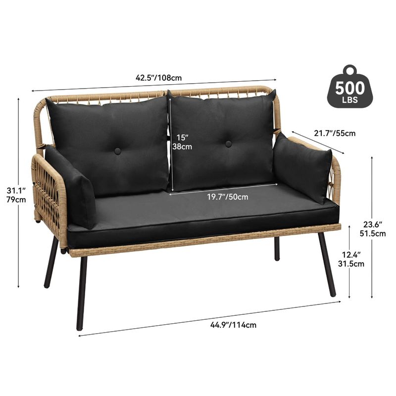2-Person Wicker Black Outdoor Loveseat with Cushions - Image 2