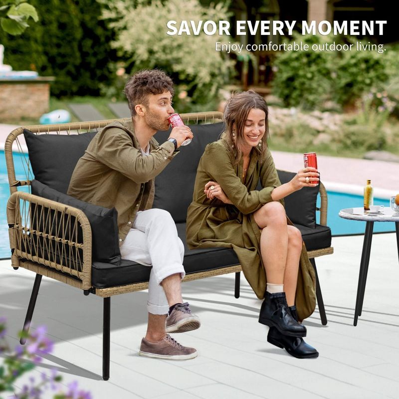 2-Person Wicker Black Outdoor Loveseat with Cushions - Image 4