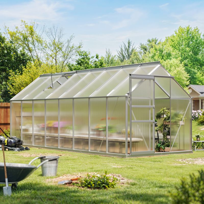 Techohome | 6 x 16 ft Lockable Polycarbonate Panel Greenhouse Kit with Sliding Door