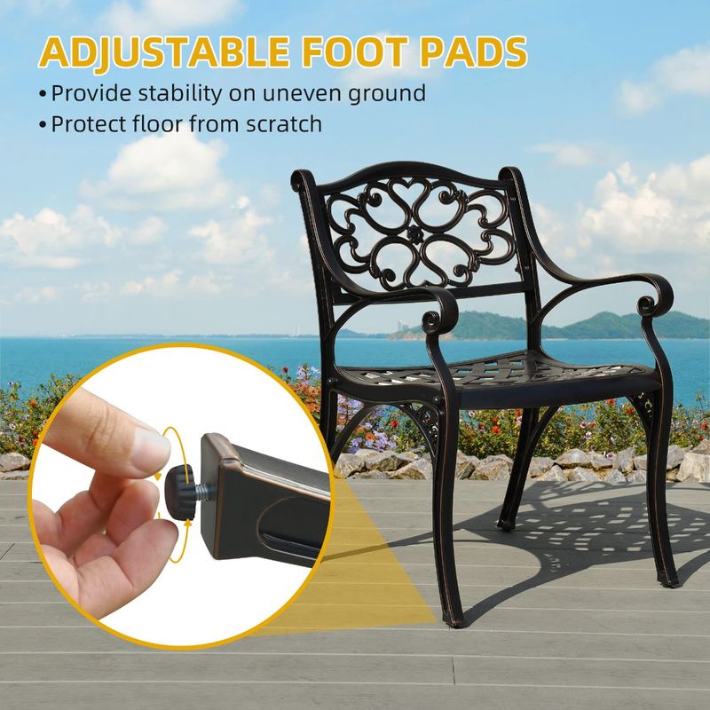 Techohome | 2 Pcs Cast Aluminum Outdoor Dining Chairs with Armrest and Adjustable Feet - Image 6