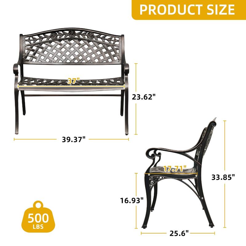 Techohome | 40" 2-Person Cast Aluminum Outdoor Garden Bench - Image 3